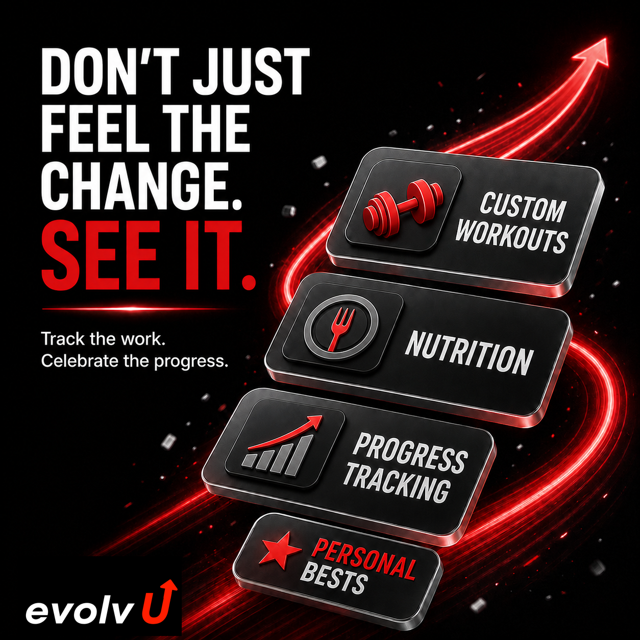 evolvU app features including custom workouts, nutrition, progress tracking and personal bests